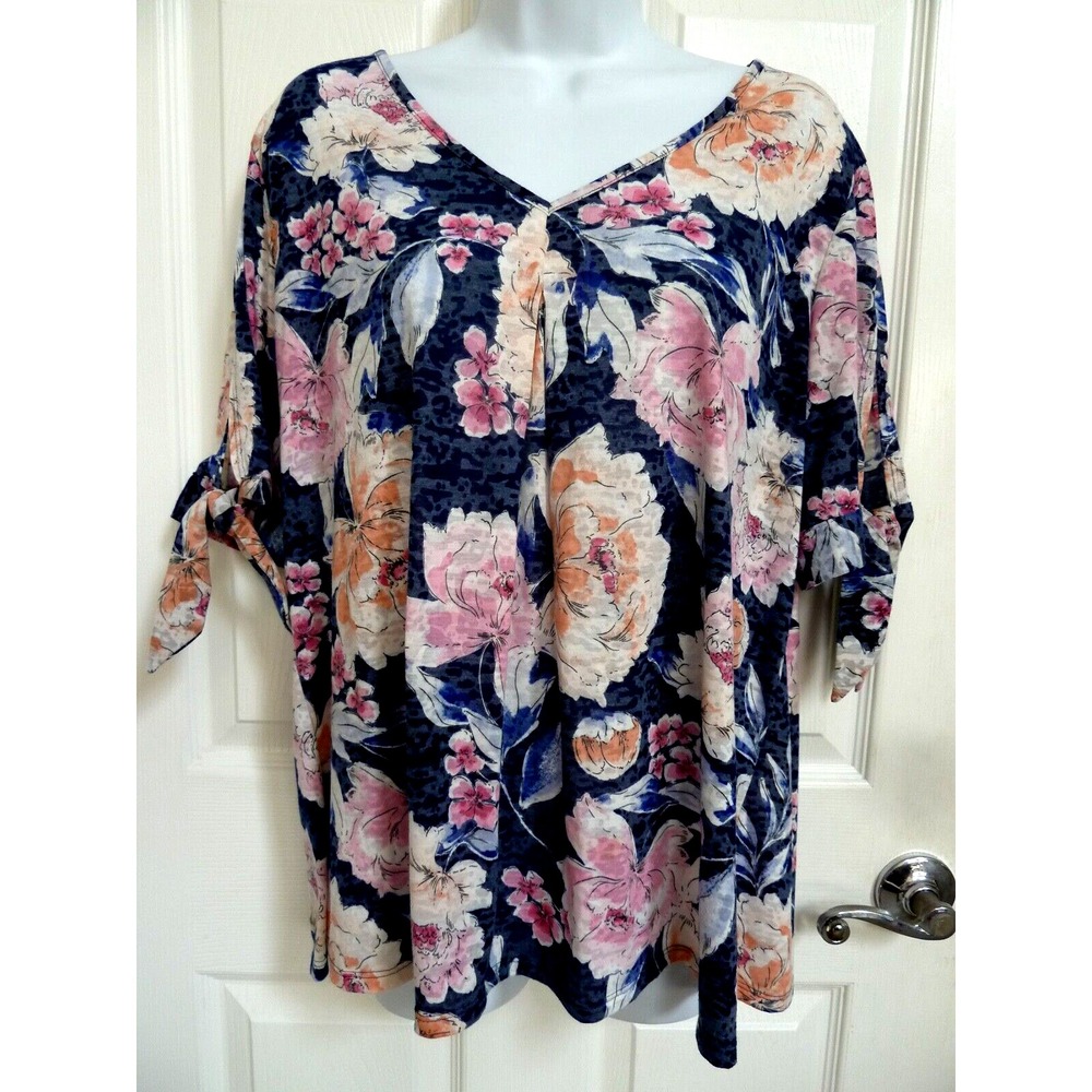 **COCOMO Sz XL Short Tie Sleeve Top Pleated Front & Back Floral Colorful**